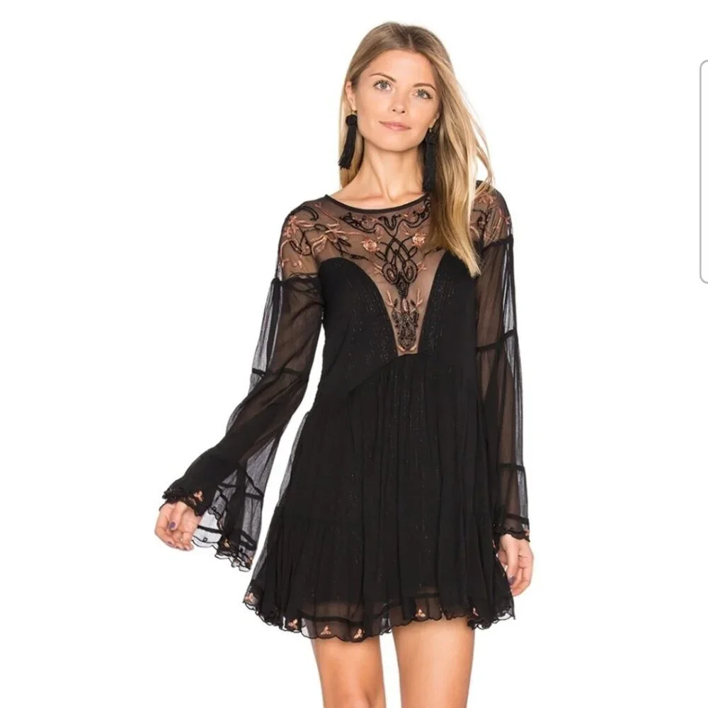 Free People Beaded Panama City Mini Dress Women's Size S Black